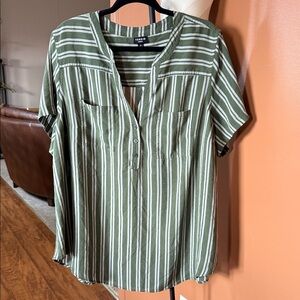 Torrid Harper olive green and white striped v-neck blouse